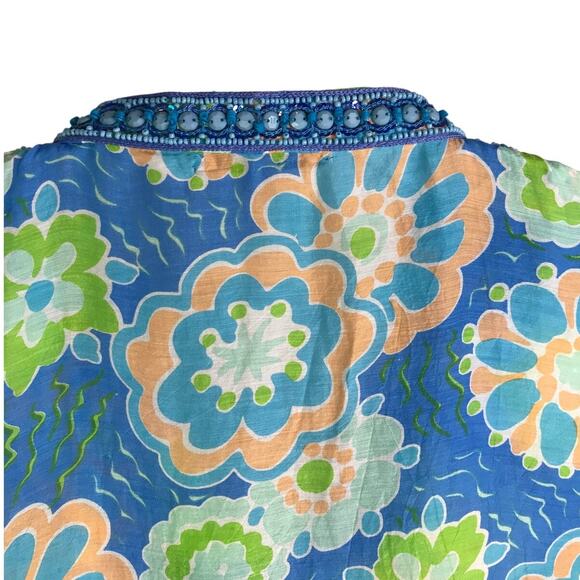 Bella Tu Top Wmns‎ Sz XS Blue Floral V-Neck Beaded Collar Slit Side Pool Coverup - Picture 4 of 12